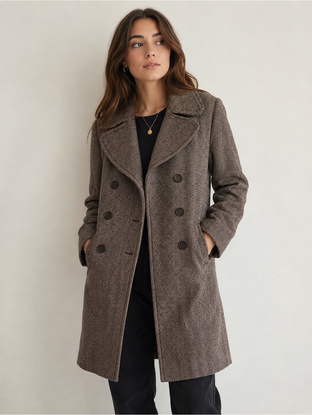 Zara Brown Herringbone Double-Breasted Pea Coat